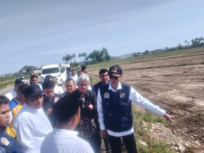 Anggota DPR RI, T.A. Khalid bersama Satgas Galapana saat meninjau sawah rusak di  Pidie Jaya, Jum’at, 22 Mei 2026. Foto : Ist