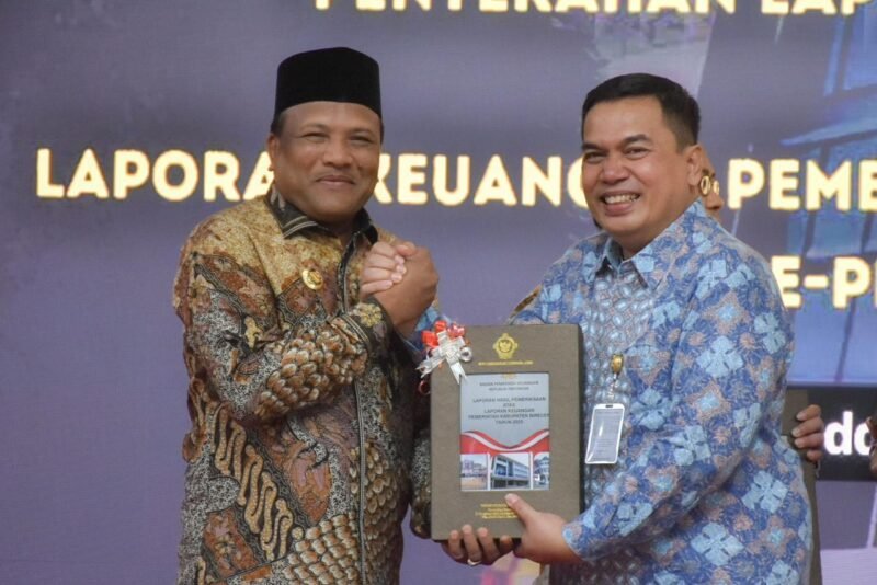 Bupati Bireuen, Ir. Mukhlis, ST., saat menerima LHP BPK atas LKPD Bireuen Tahun Anggaran 2025 dari Kepala BPK Perwakilan Aceh, Andri Yogama. Foto : Ist